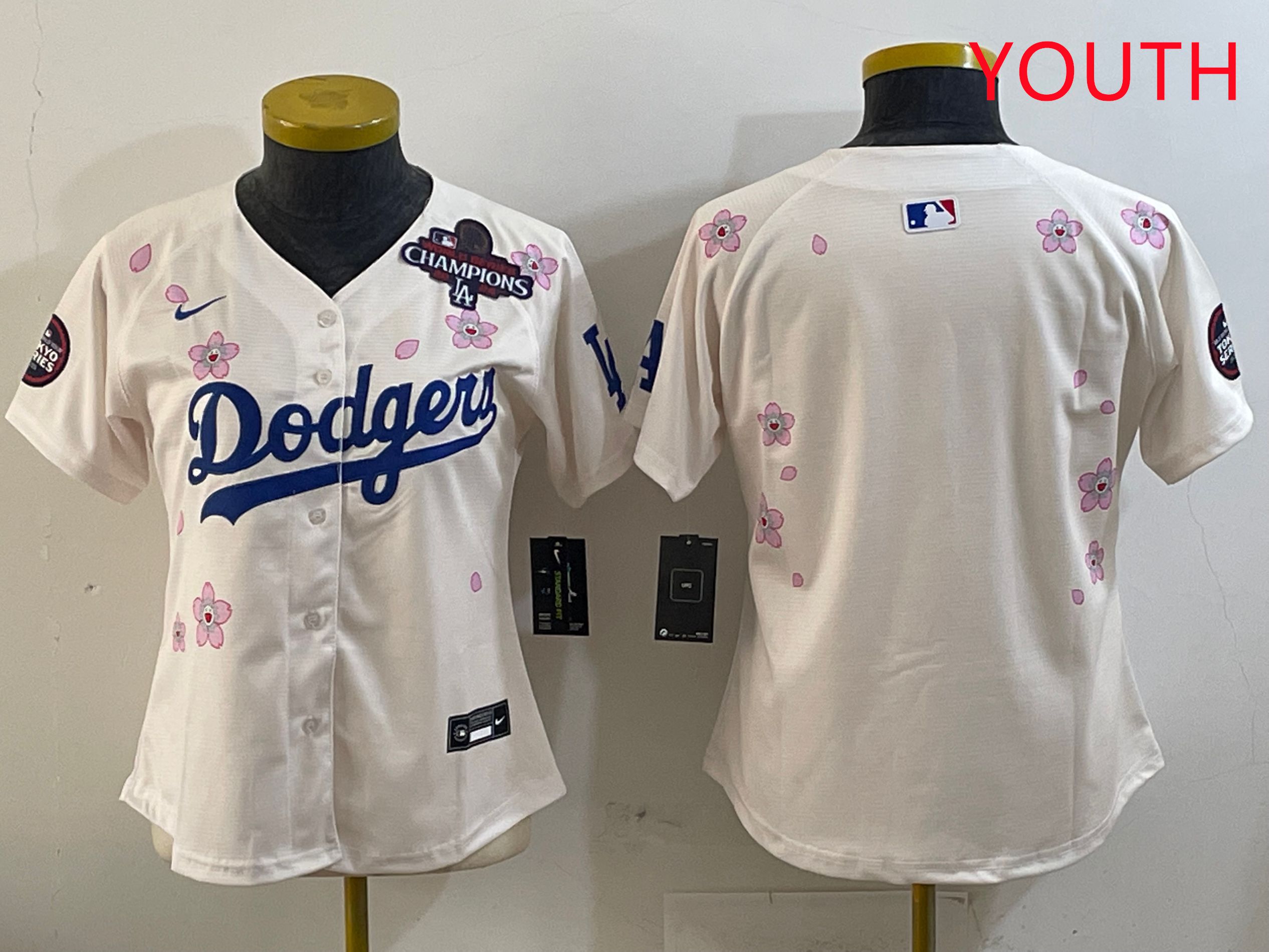 Youth Los Angeles Dodgers Blank Cream Sakura Edition 2025 Nike MLB Jersey style 2->youth mlb jersey->Youth Jersey